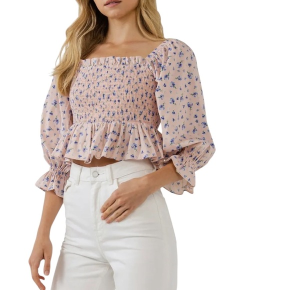 English Factory Floral Print Smocked Ruffle Top - Picture 1 of 7